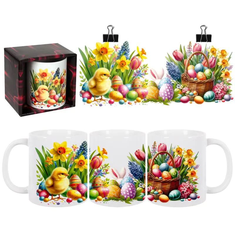 Подарък за Великден - Керамична чаша с пиленце и шарени яйца 300 мл