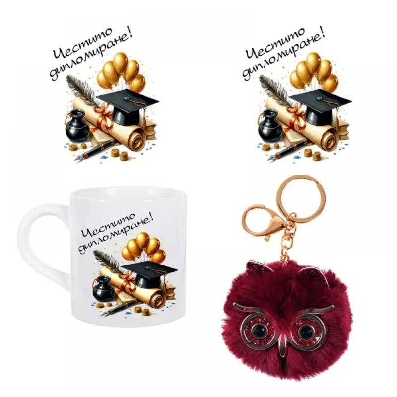 Подаръчен комплект - Честито дипломиране с ключодържател бухал и чаша с послание