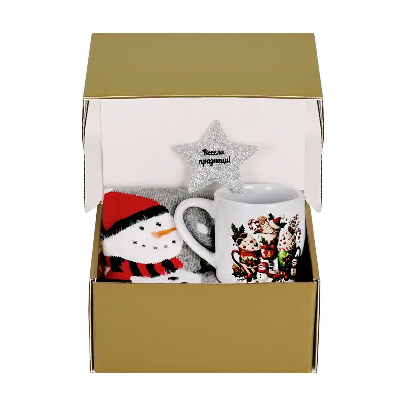 Комплект Весели Празници с чаша, коледни чорапи със Снежко и звезда