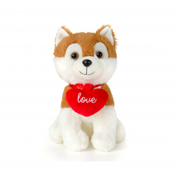 Плюшено куче със сърце, бяло с кафяво, 24 см