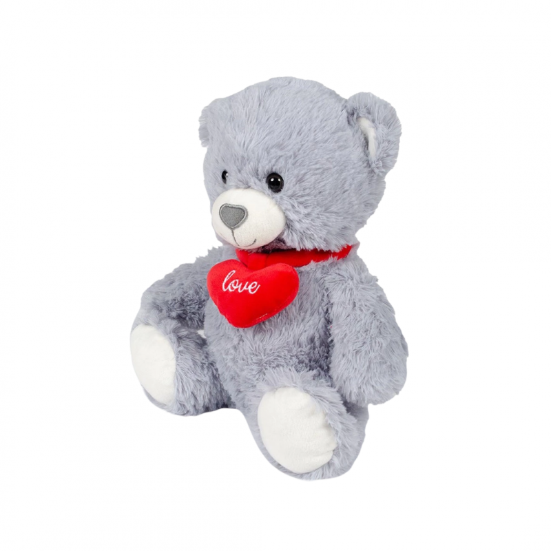 Плюшена играчка Мече със сърце, сиво, 30 см