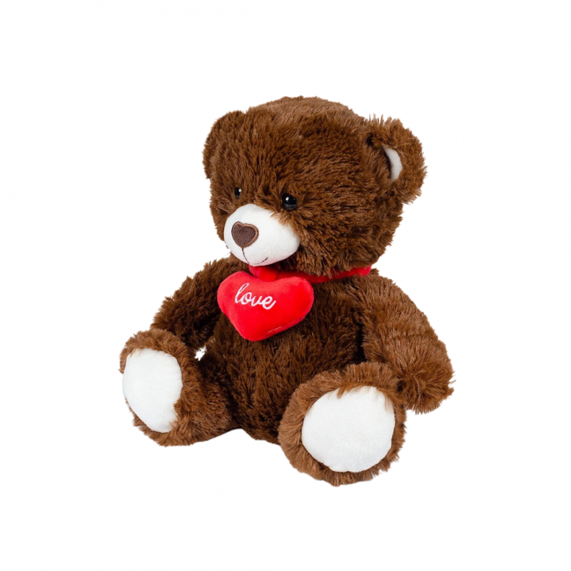 Плюшена играчка Мече със сърце, тъмно кафяво, 30 см