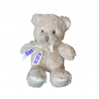 Плюшено мече с бродирани очи с надписана панделка, екрю, 28 см