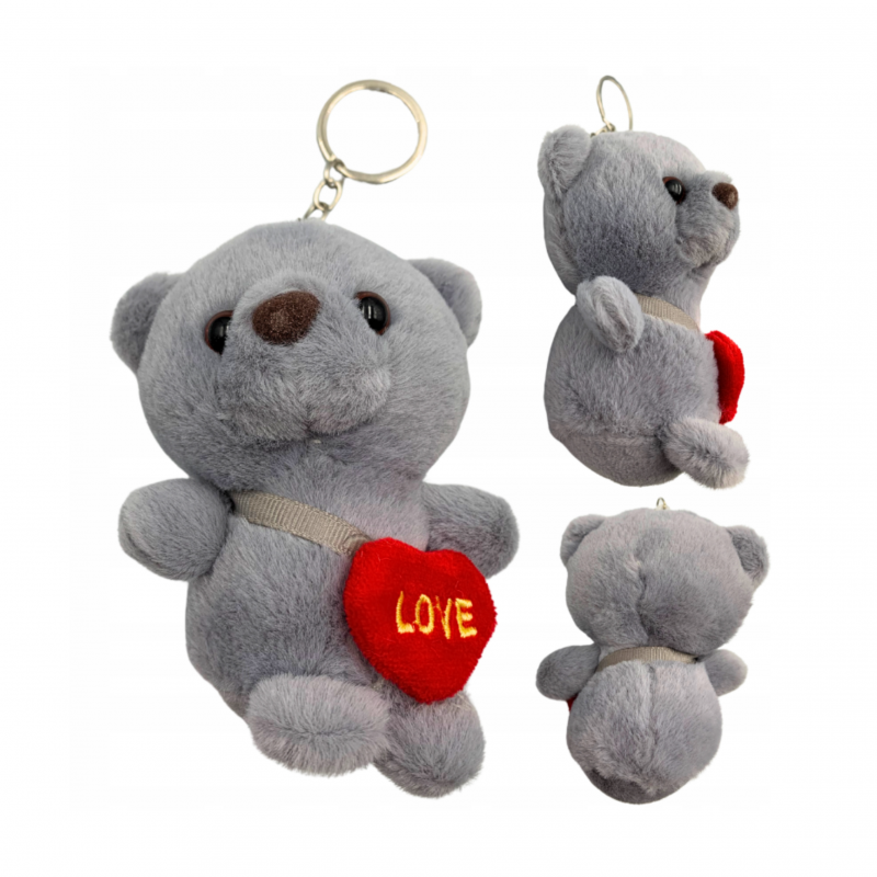 Плюшено мече със сърчице на ключодържател, сиво, 12 см