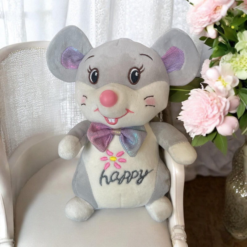 Плюшена мишка с панделка и бродерия, сива, 23 см