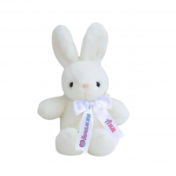 Плюшено зайче с надписана панделка, бяло, 25 см