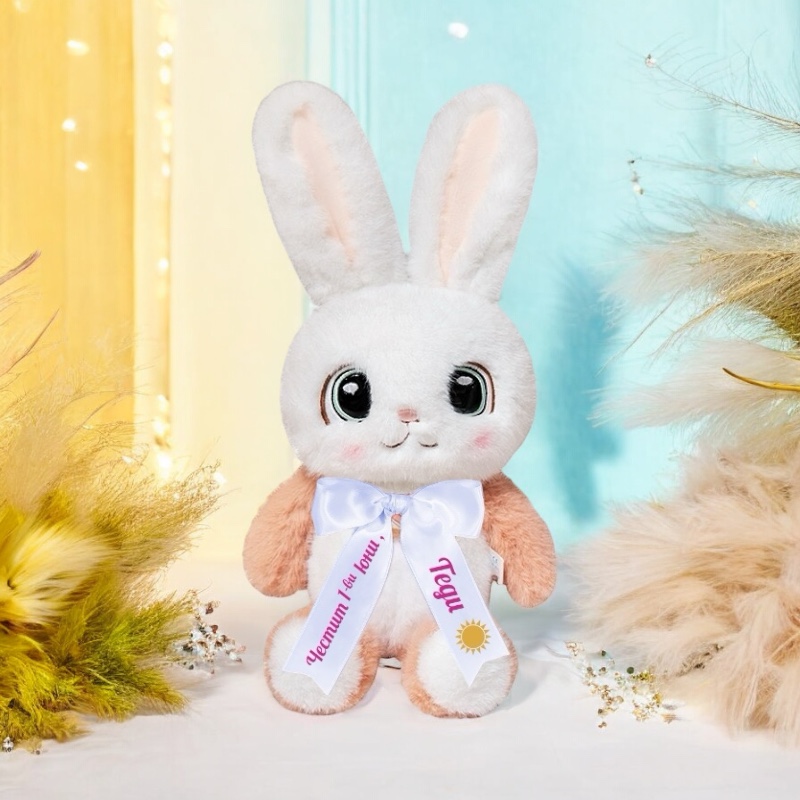 Плюшен заек Рони с надписана панделка, бял, 40 см