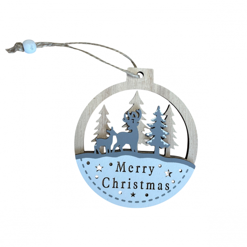 Коледна дървена играчка за закачане - Елени в гората Merry Christmas, 12 см