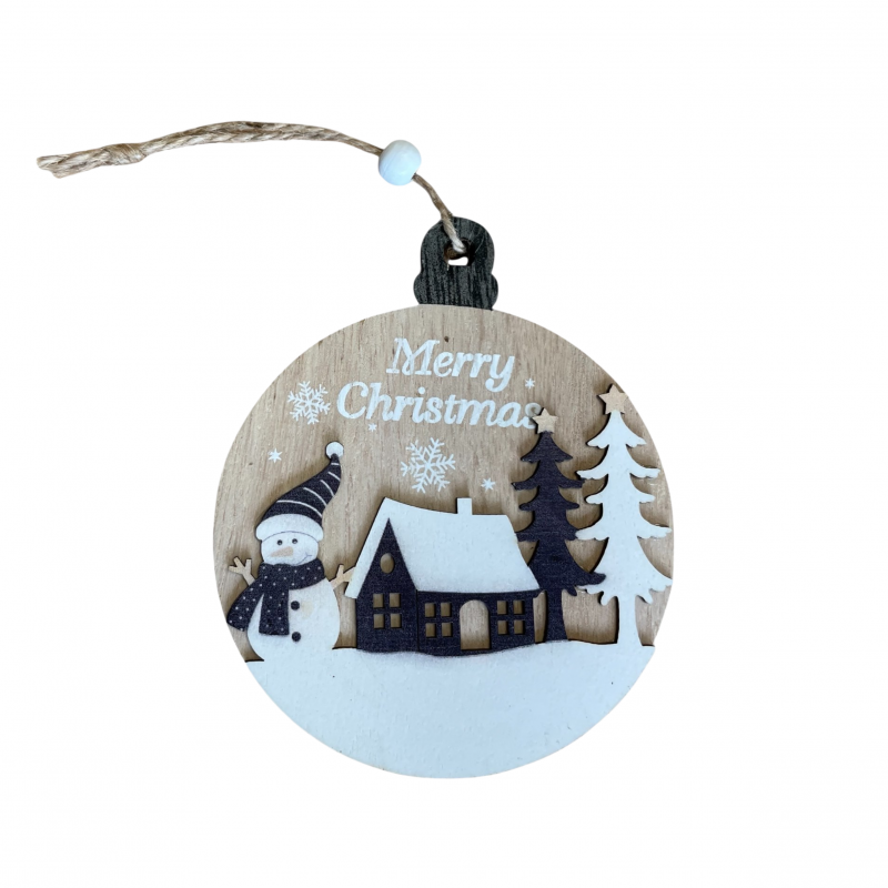 Коледна дървена играчка за закачане - Снежко в гората Merry Christmas, 12 см