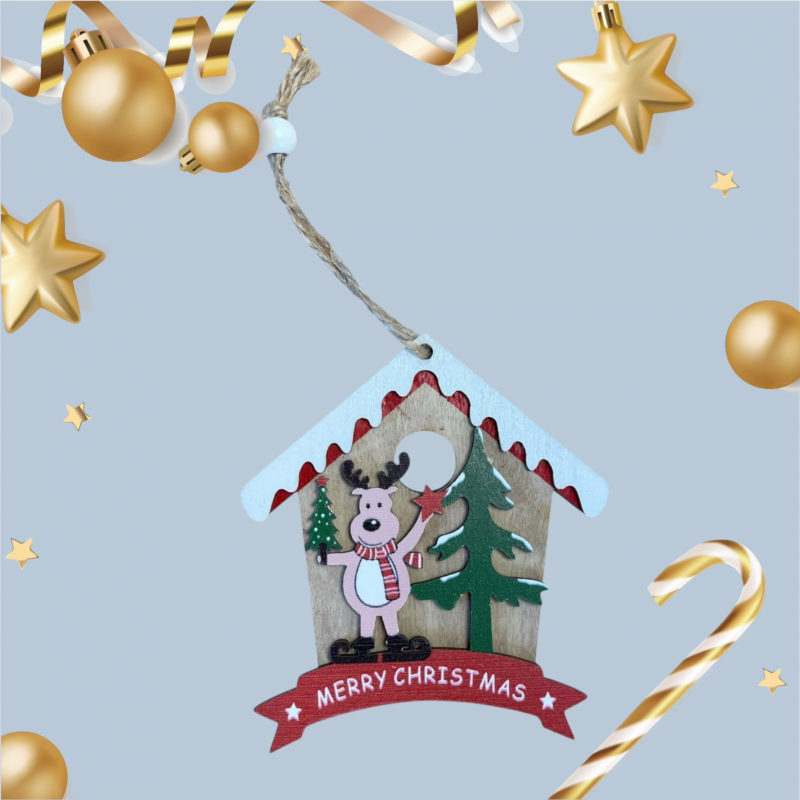 Коледна дървена играчка за закачане - Коледна къщичка Merry Christmas, 12 см