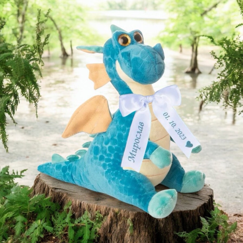 Плюшен дракон Стан с надписана панделка, син, 25 см