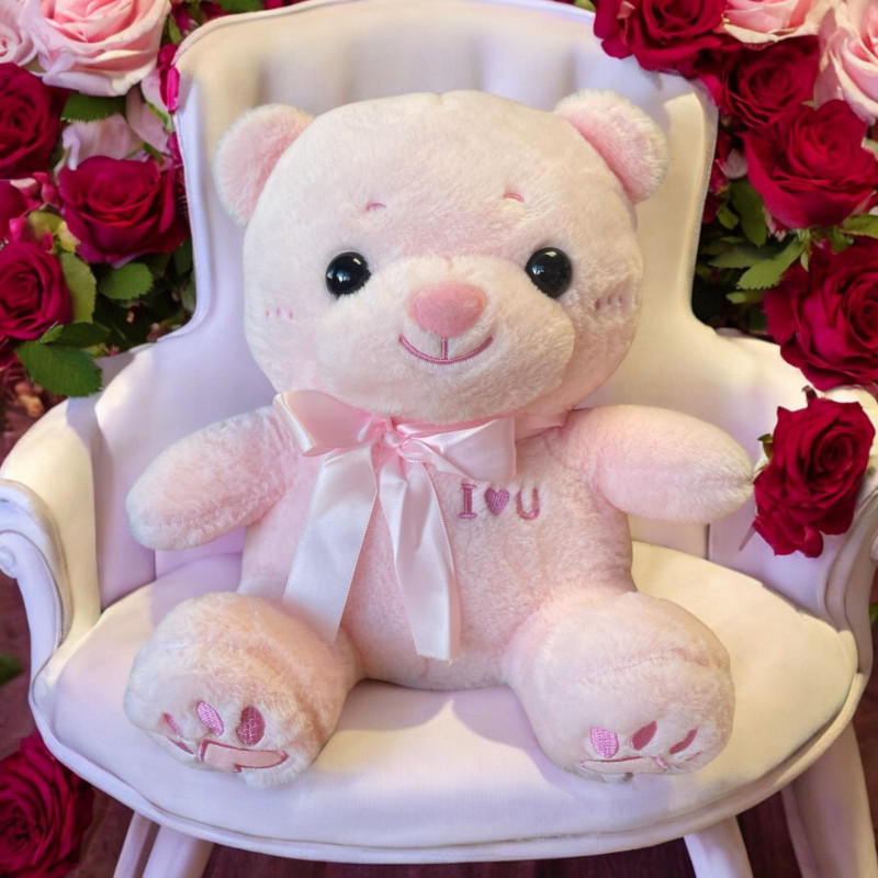 Плюшено мече с бродиран надпис I love you, розово, 30 см