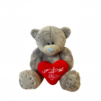Плюшено мече Клара с червено сърце и надпис, сиво, 13 см