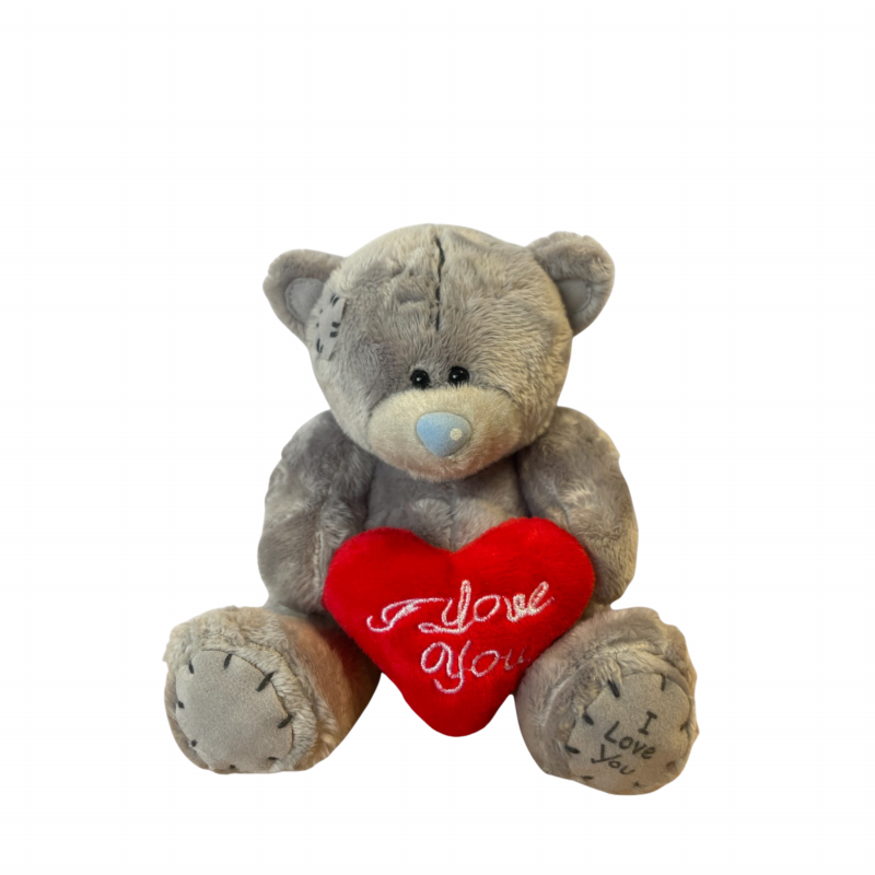 Плюшено мече Клара с червено сърце и надпис, сиво, 13 см