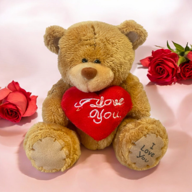 Плюшено мече Клара с червено сърце и надпис, кафяво, 13 см