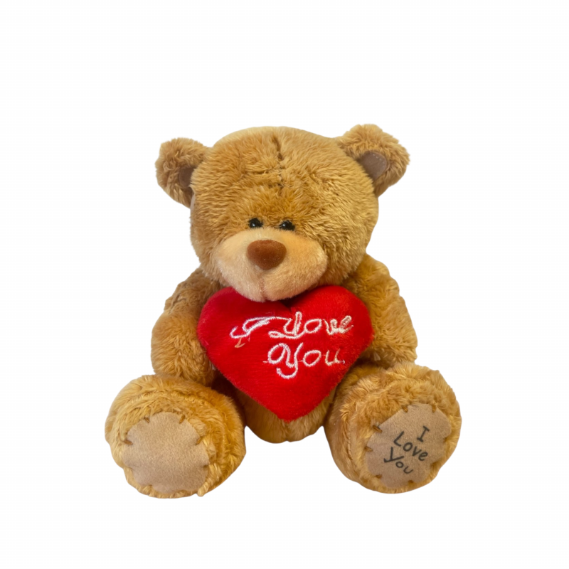 Плюшено мече Клара с червено сърце и надпис, кафяво, 13 см