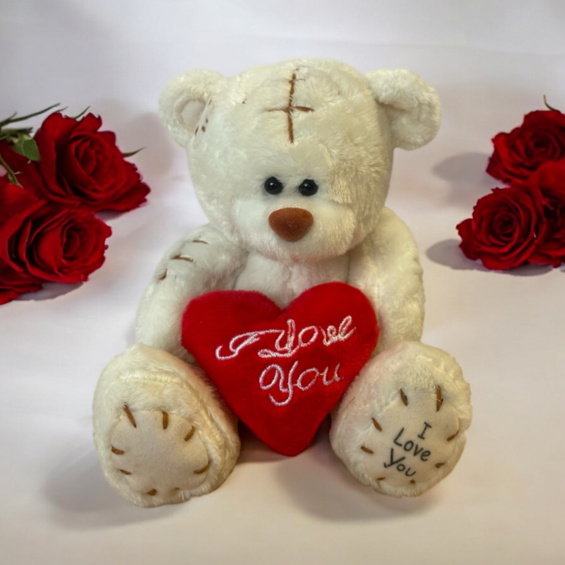 Плюшено мече Клара с червено сърце и надпис, екрю, 13 см