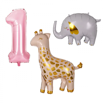 Комплект балони за момиче - Жираф, слон и цифра 1
