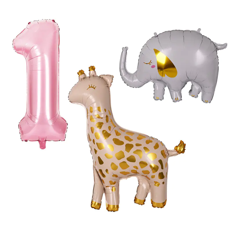 Комплект балони за момиче - Жираф, слон и цифра 1