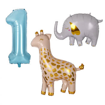 Комплект балони за момче - Жираф, слон и цифра 1
