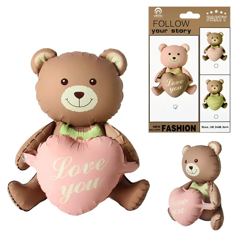 Балон - Кафяво мече с розово сърце Love you