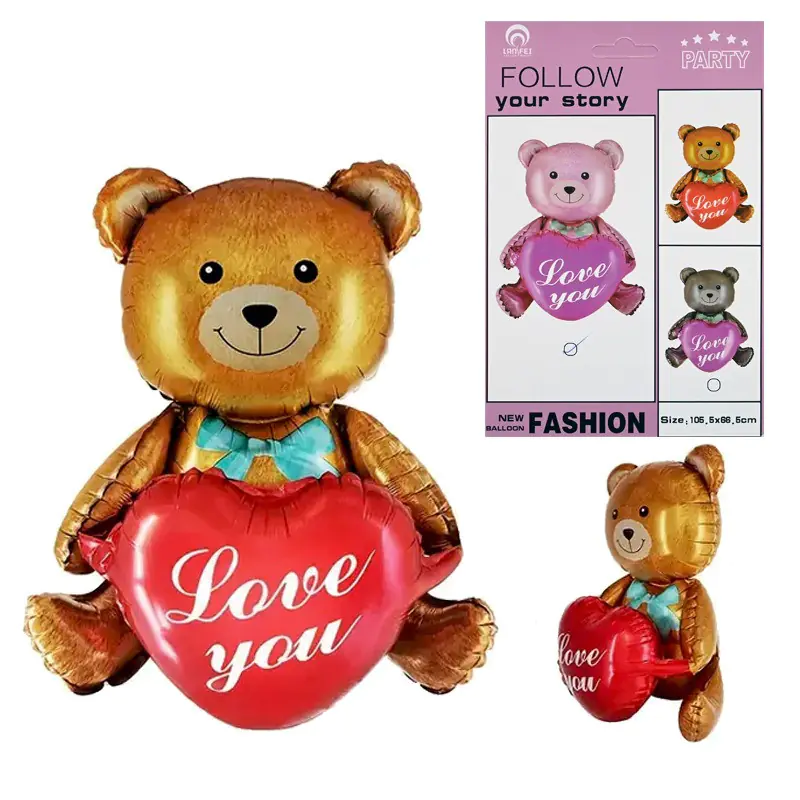 Балон - Кафяво мече с червено сърце Love you