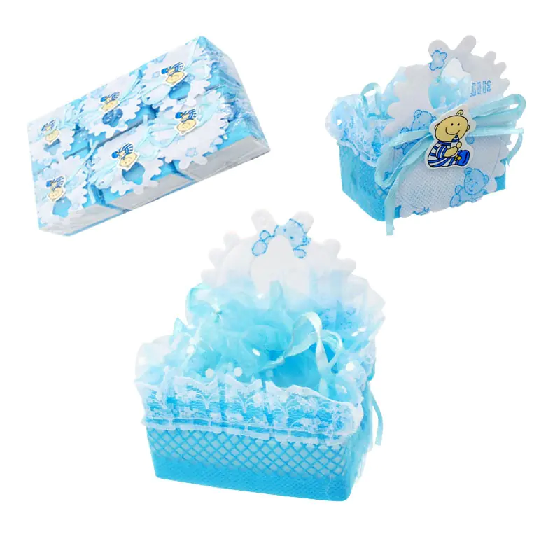 Синя торбичка от органза с бебе момче