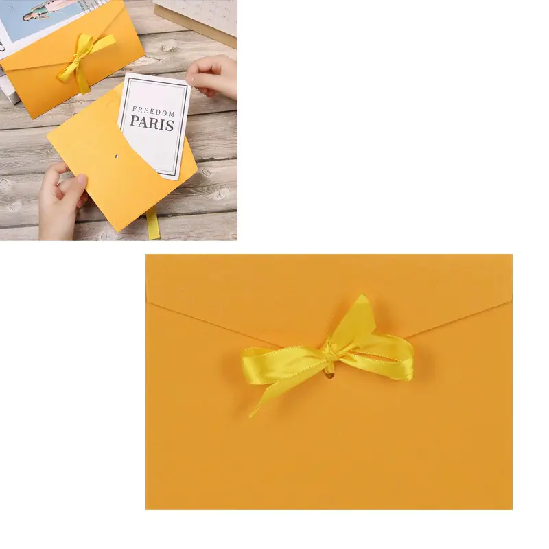 Плик от луксозен перлен картон със сатенена панделка в жълто