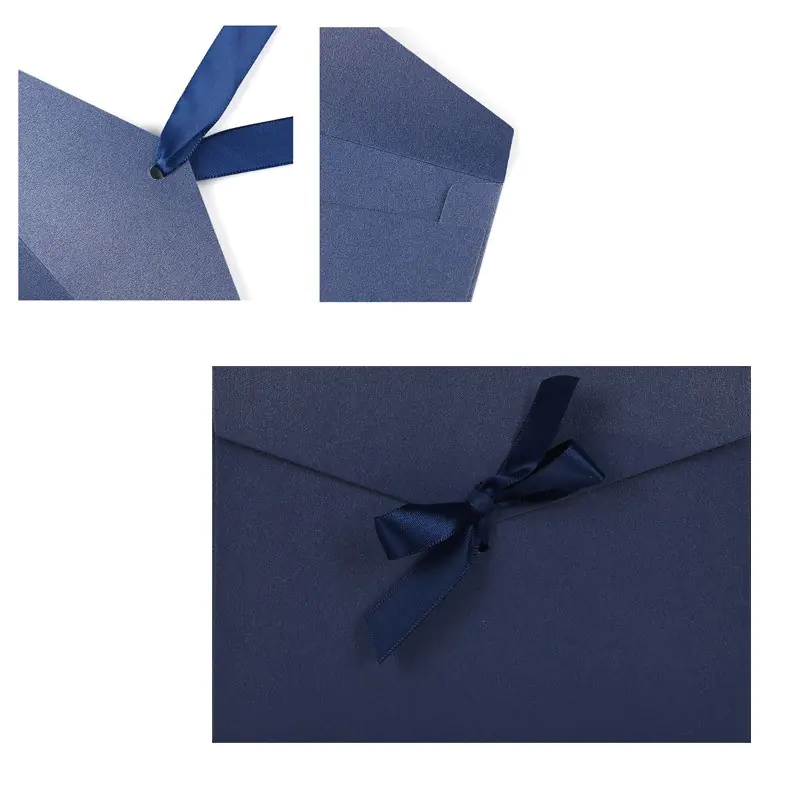 Плик от луксозен перлен картон със сатенена панделка в синьо
