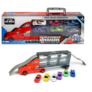 Камион в червено - Автовоз с рампа и 6 колички