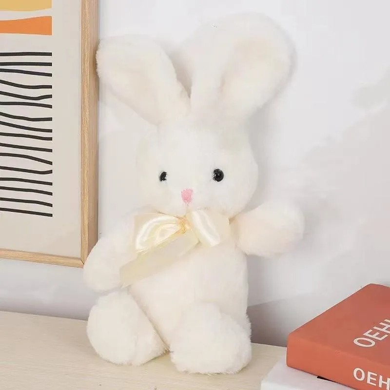 Плюшено зайче със сатенена панделка, бяло, 25 см