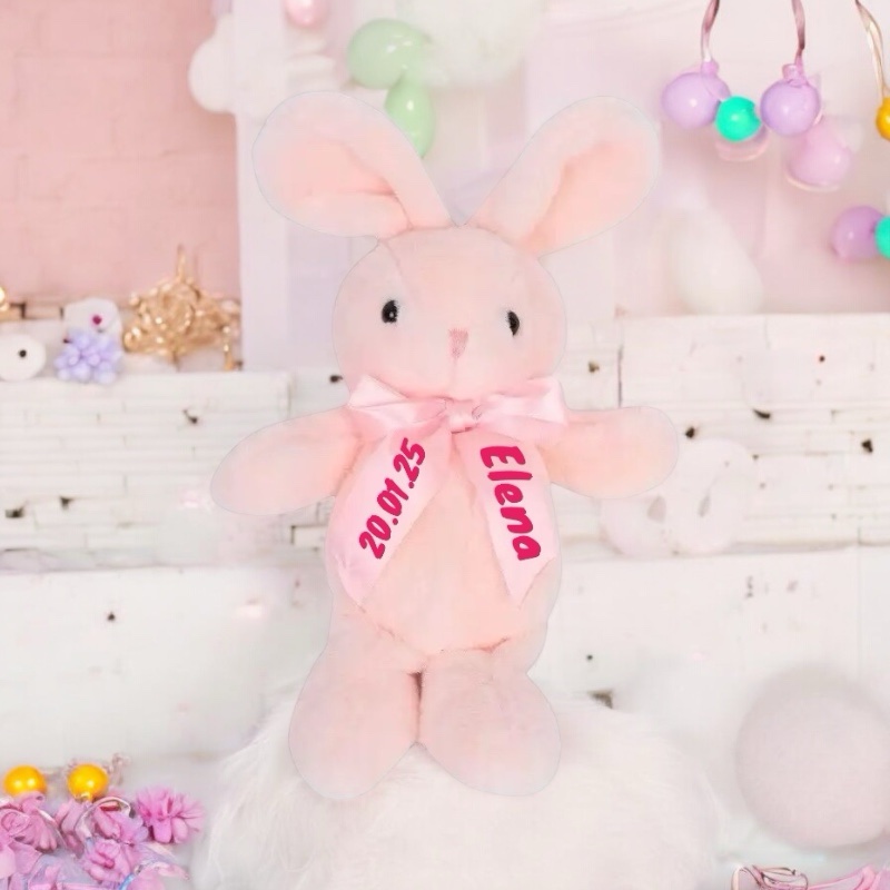 Плюшено зайче Елена с надписана панделка, розово, 25 см
