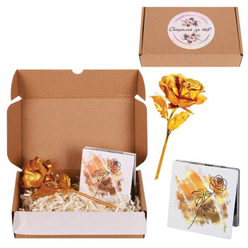 Подаръчен комплект - Честит Празник със златна роза и огледало