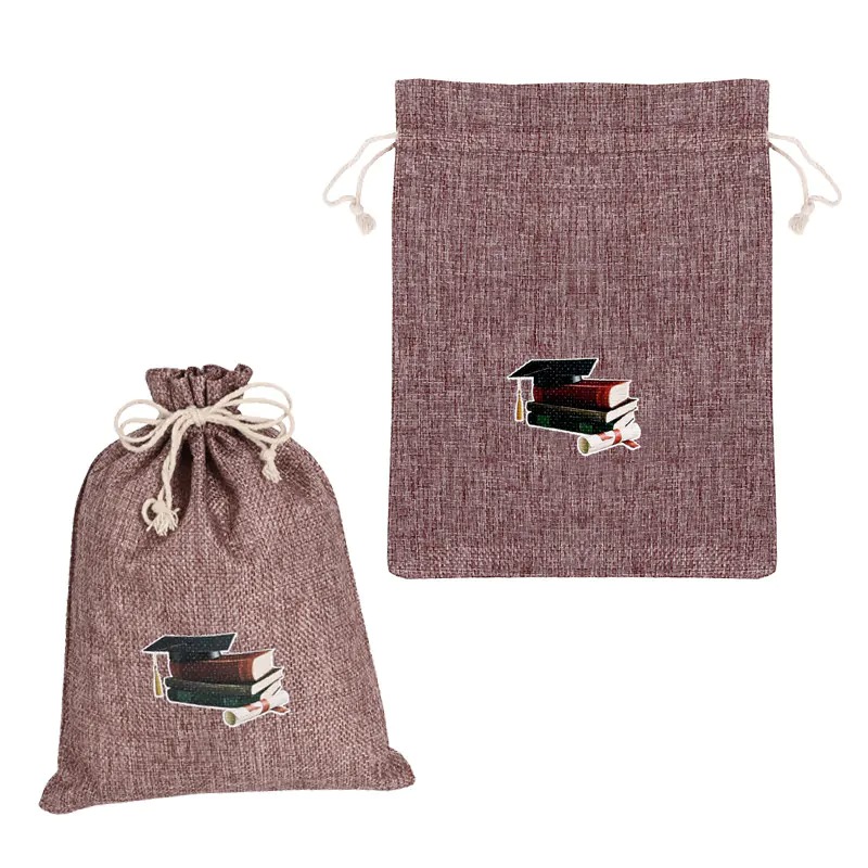 Подаръчна торбичка от лен в кафяво с връзка - За дипломиране