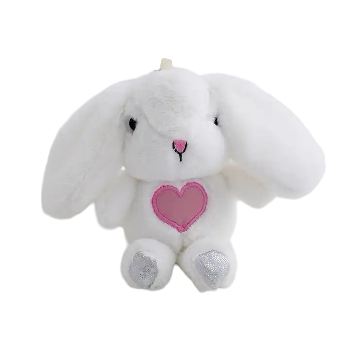 Плюшено зайче със сърчице на ключодържател, бяло, 16 см