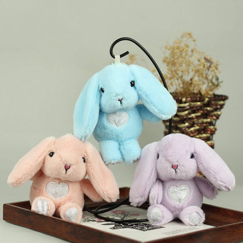 Плюшено зайче със сърчице на ключодържател, светло синьо, 16 см