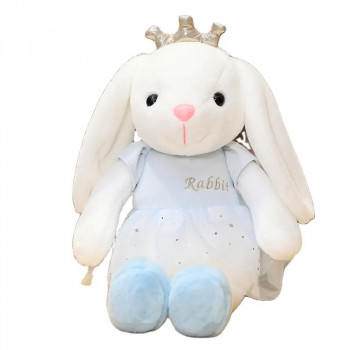 Плюшено зайче със светло синя рокля и коронка, 30 см
