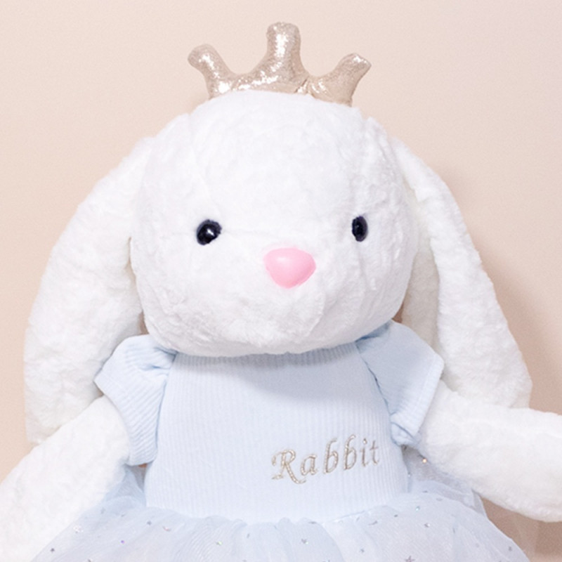 Плюшено зайче със светло синя рокля и коронка, 30 см