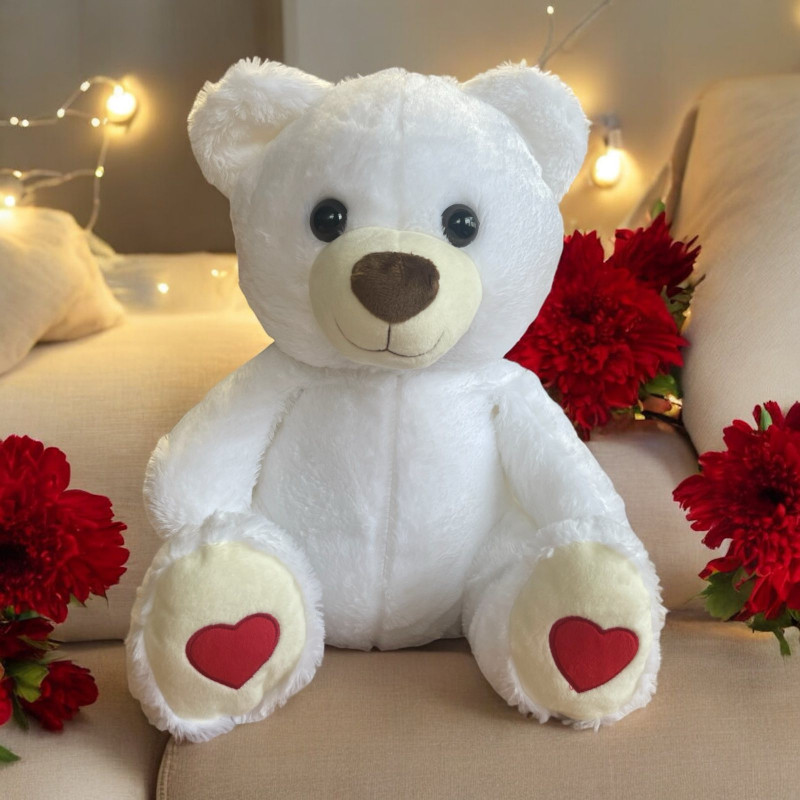 Плюшено мече, бяло с червени сърчица, 40 см