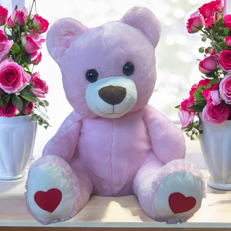 Плюшено мече, розово с червени сърчица, 40 см