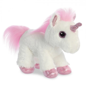 Плюшена играчка Аврора - Бял еднорог с розов рог и грива