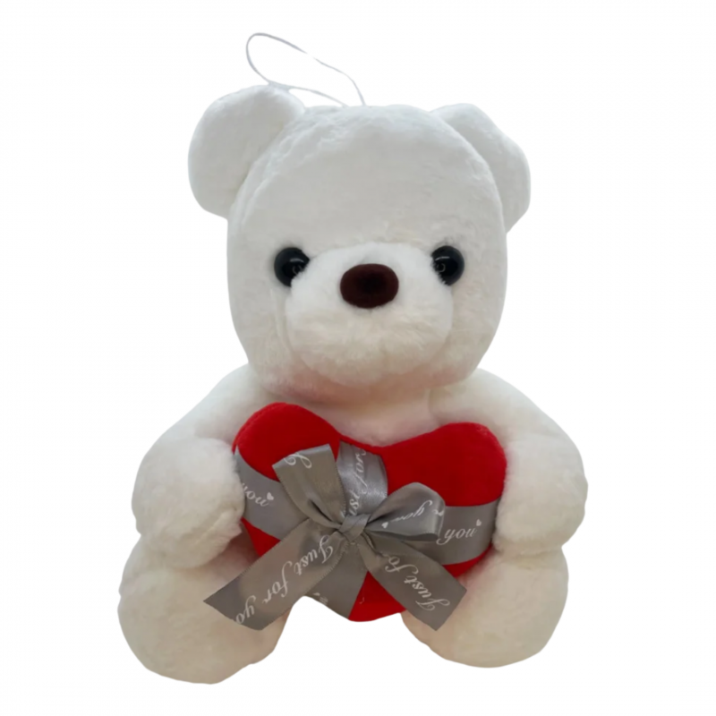 Плюшено мече със сърце в панделка, бяло, 30 см 