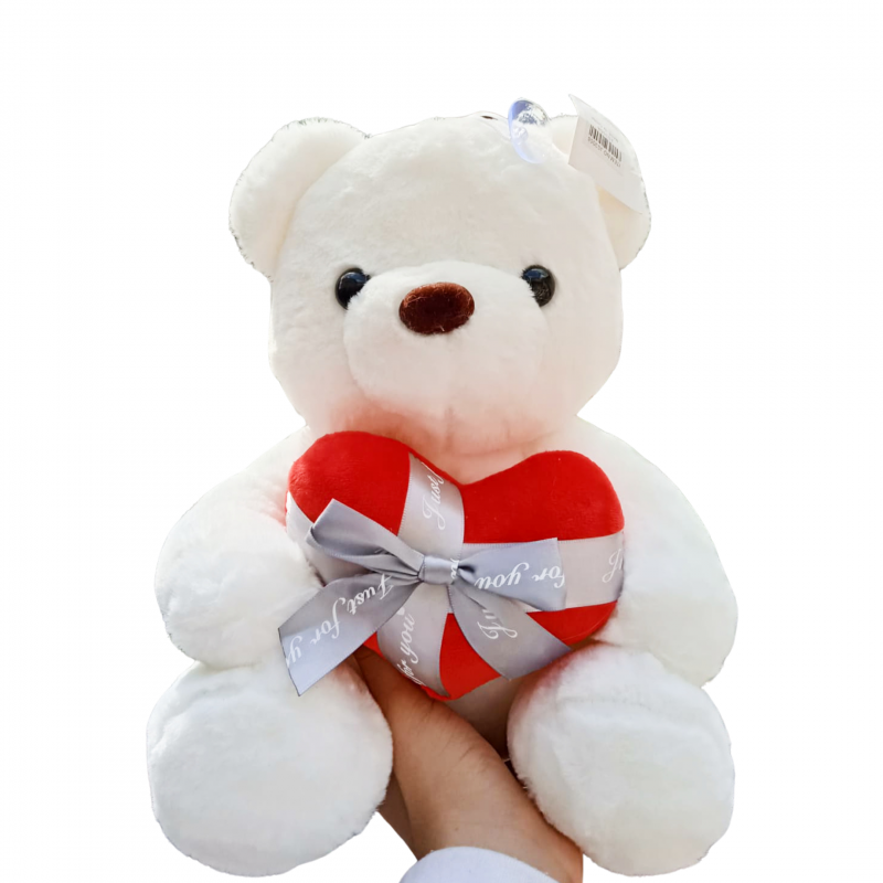 Плюшено мече със сърце в панделка, бяло, 30 см 