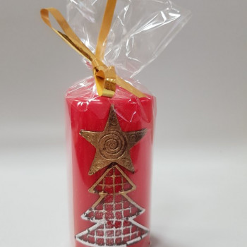 Червена коледна свещ цилиндър с декорация елха със звезда