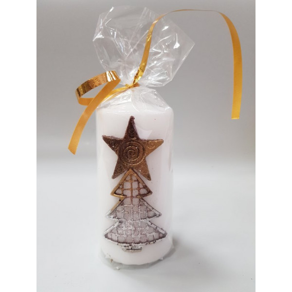 Бяла коледна свещ цилиндър с декорация елха със звезда