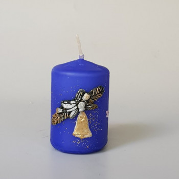 Коледна свещ цилиндър с декорация камбанка, синя