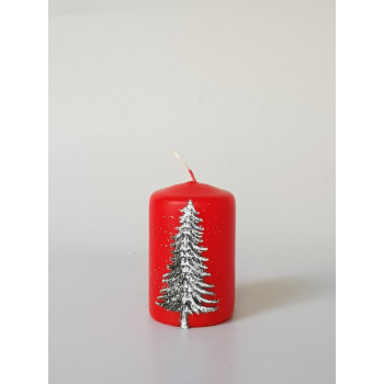 Червена коледна свещ цилиндър с декорация елха