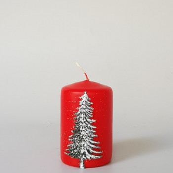 Червена коледна свещ цилиндър с декорация елха