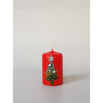 Коледна свещ цилиндър с декорация елха, червена