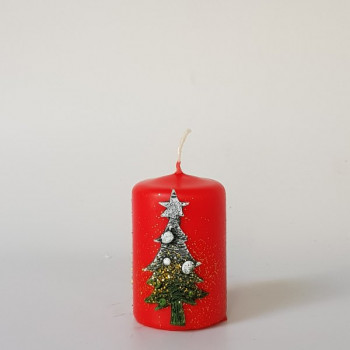 Коледна свещ цилиндър с декорация елха, червена